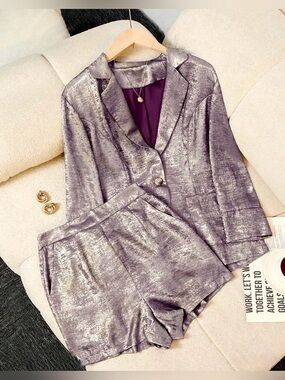 Silver-Lilac Metallic Blazer & Short Set